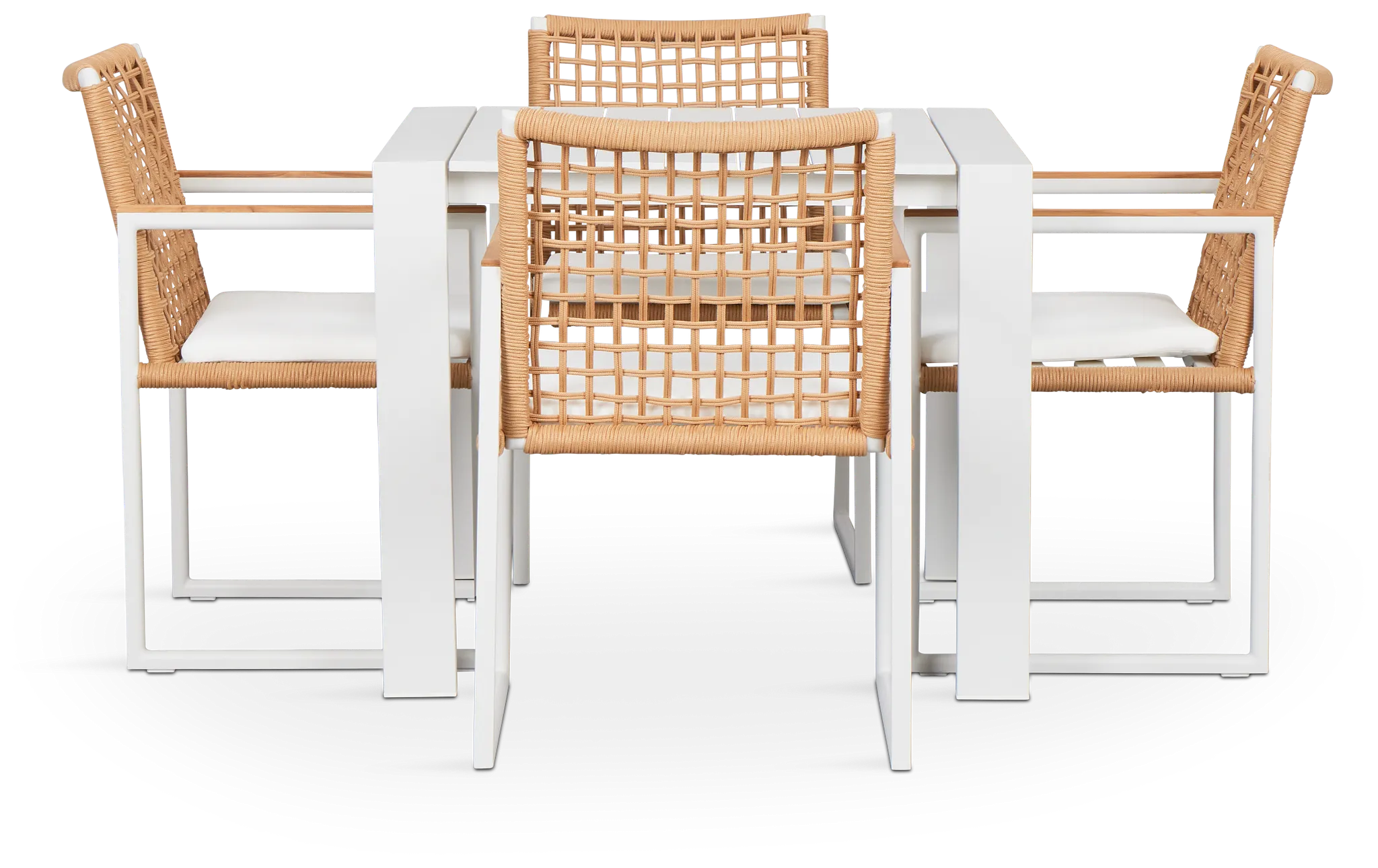 Sunrise White 35" Square Table & 4 Teak Arm Chairs