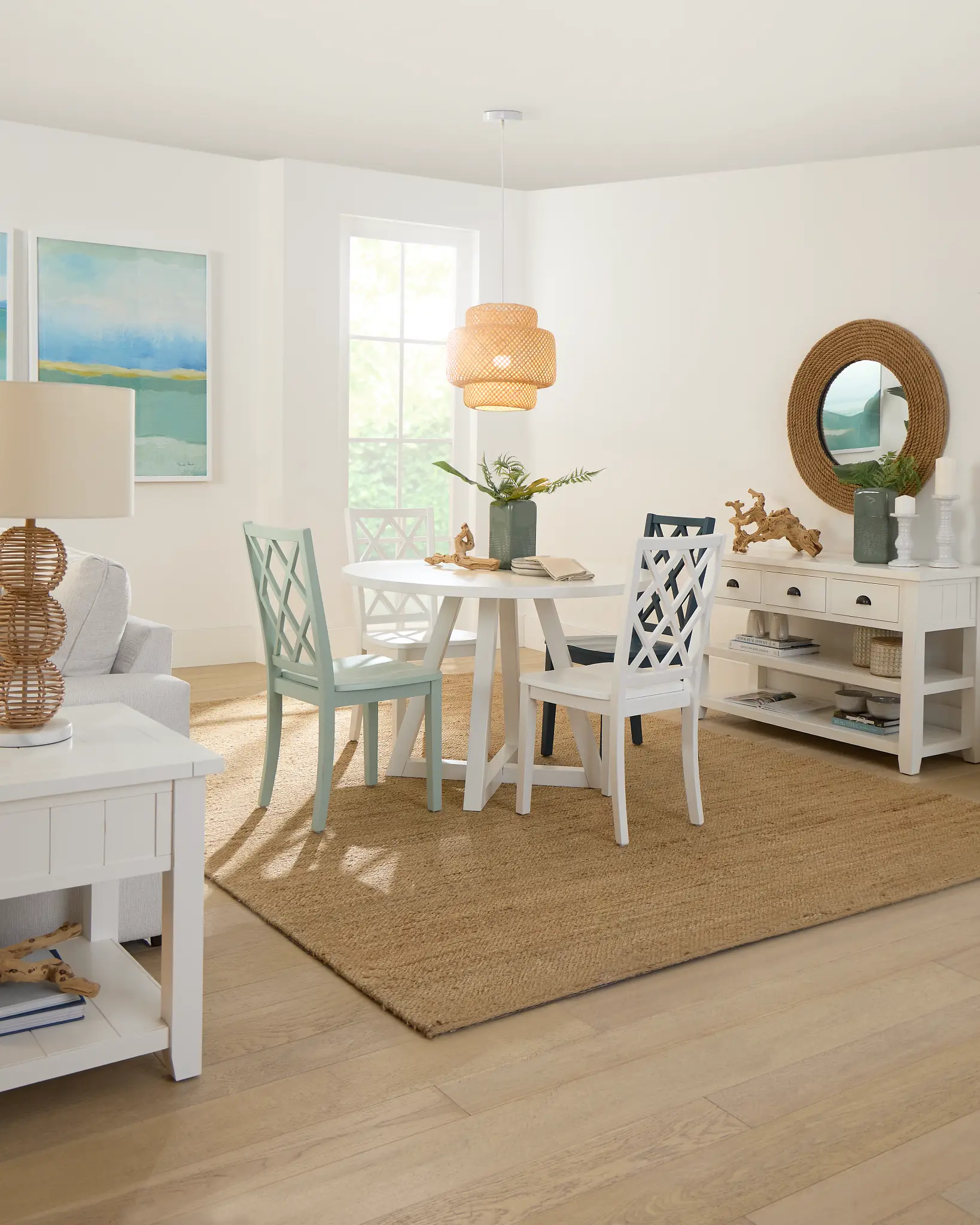 Edgartown White Round Table & Mixed Chairs Edgartown White Round Table & Mixed Chairs