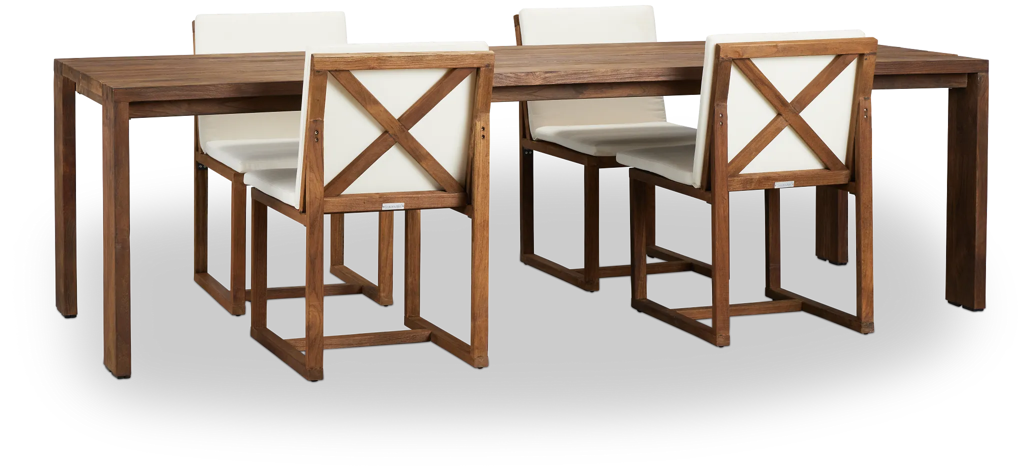 Linear Dark Gray White 102" Teak Table & 4 Teak Cushioned Side Chairs