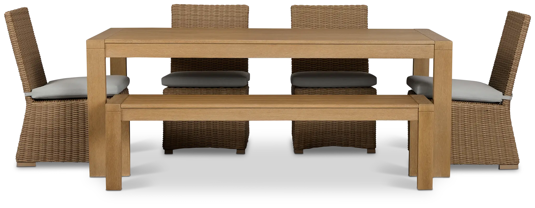 Montecito Mid Tone Table, 4 Chairs & Bench With Light Blue Cushions Montecito Mid Tone Table, 4 Chairs & Bench With Light Blue Cushions