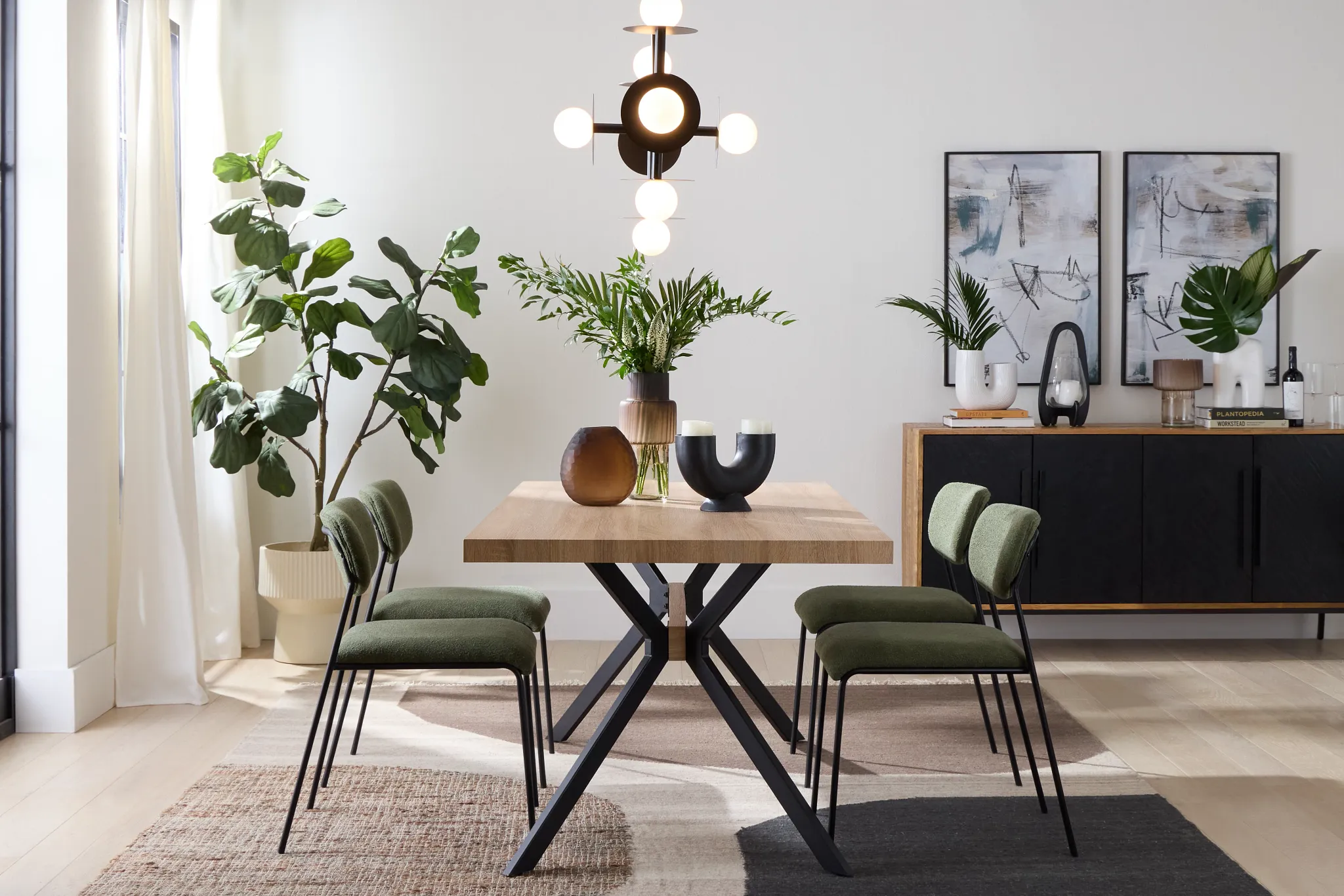 Lynden Light Tone Rect Table & 4 Green Upholstered Side Chairs