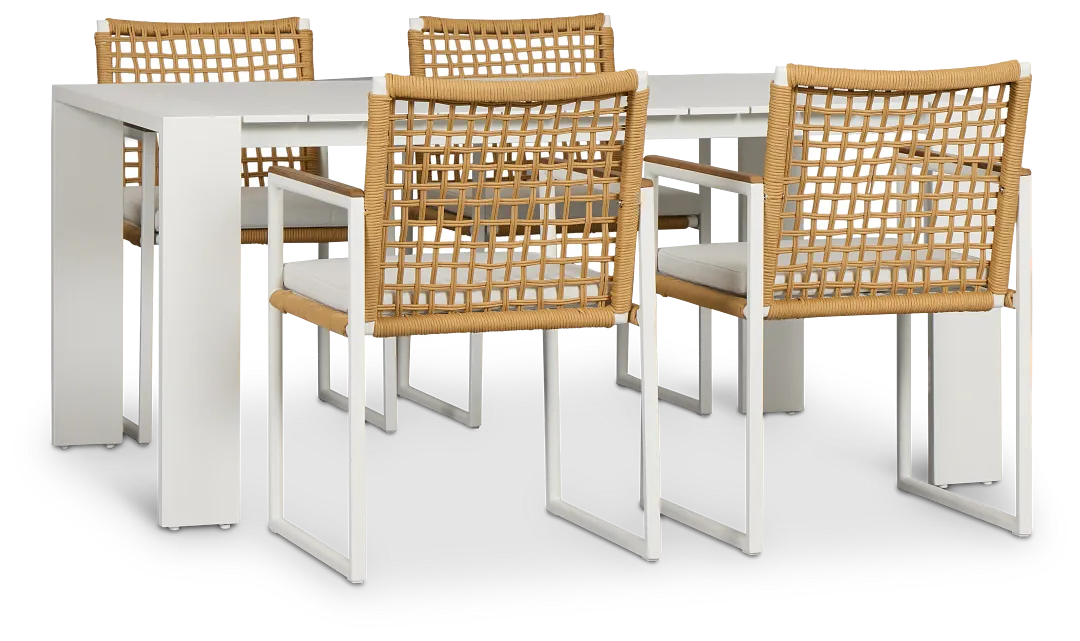 Sunrise White 65" Rectangular Table & 4 Teak Arm Chairs