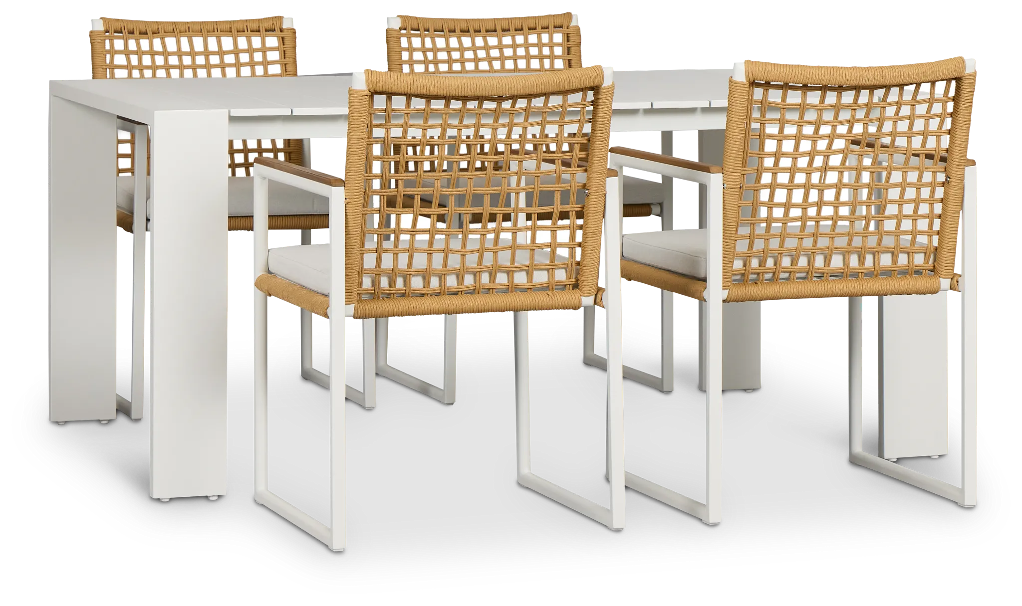 Sunrise White 65" Rectangular Table & 4 Teak Arm Chairs