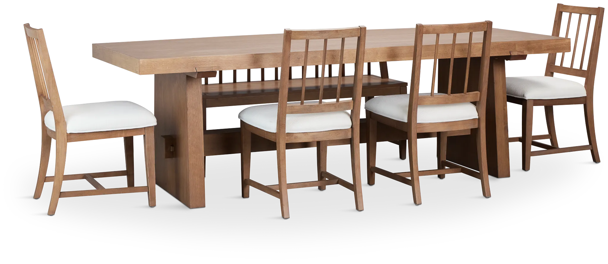 Provo Mid Tone Trestle Table, 4 White Chairs & Bench