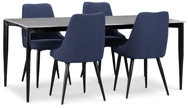 Andover Gray Rect Table & 4 Dark Blue Upholstered Curved Chairs