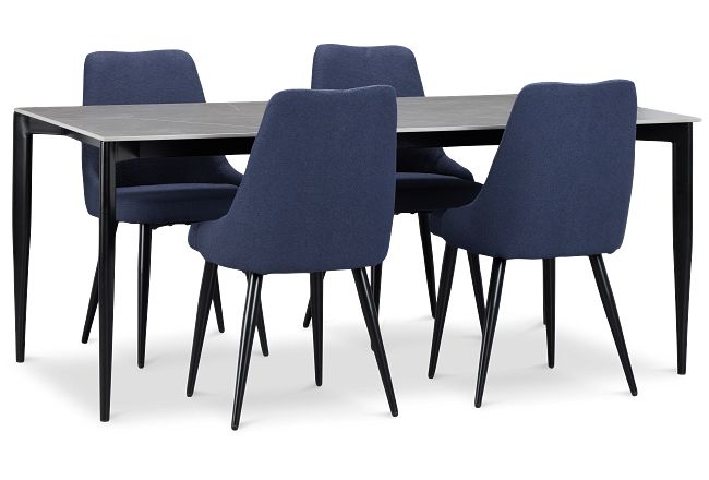 Andover Gray Rect Table & 4 Dark Blue Upholstered Curved Chairs