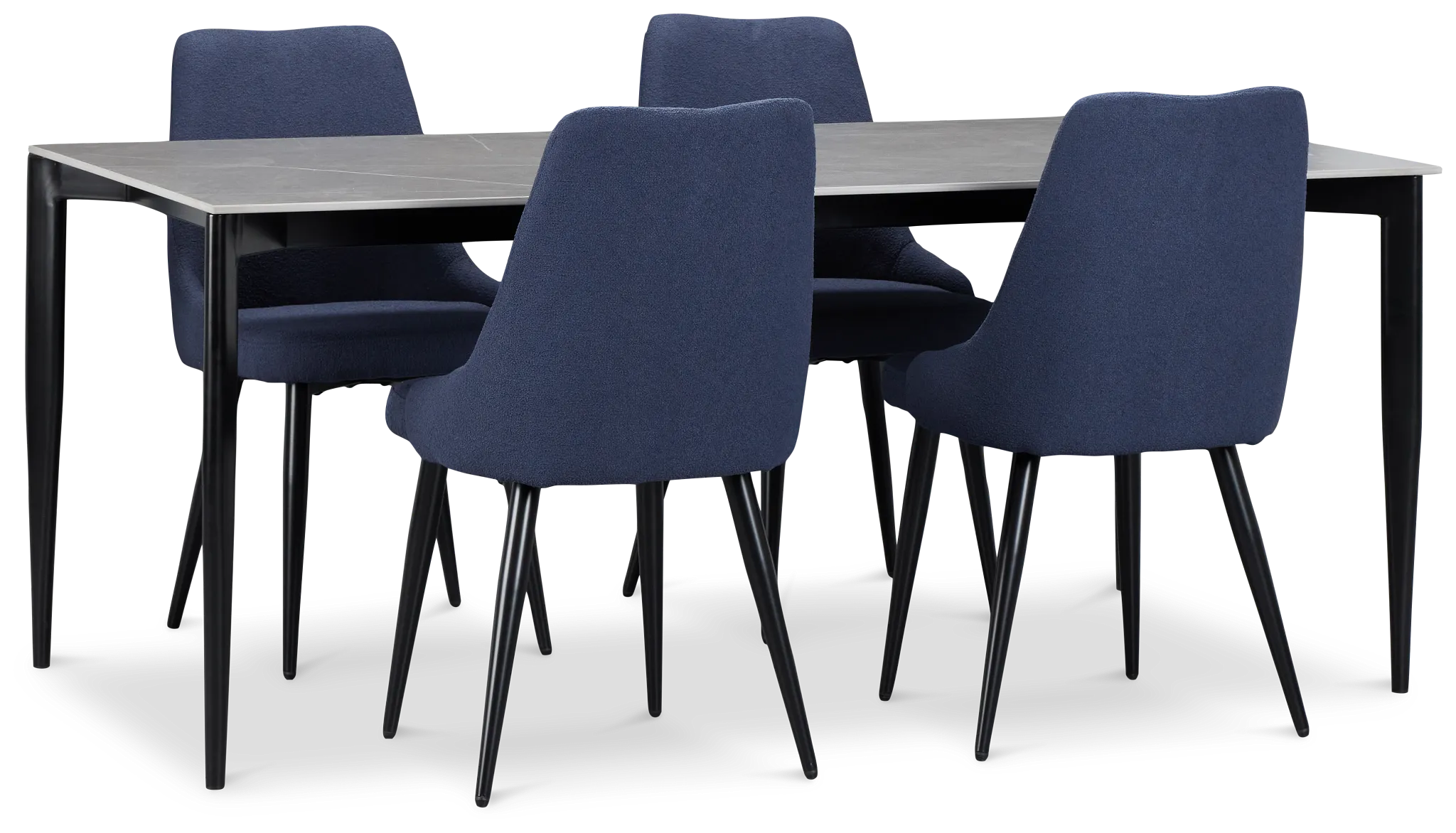 Andover Gray Rect Table & 4 Dark Blue Upholstered Curved Chairs