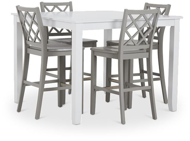 Edgartown Rectangular White High Table & 4 Light Gray Wood Barstools