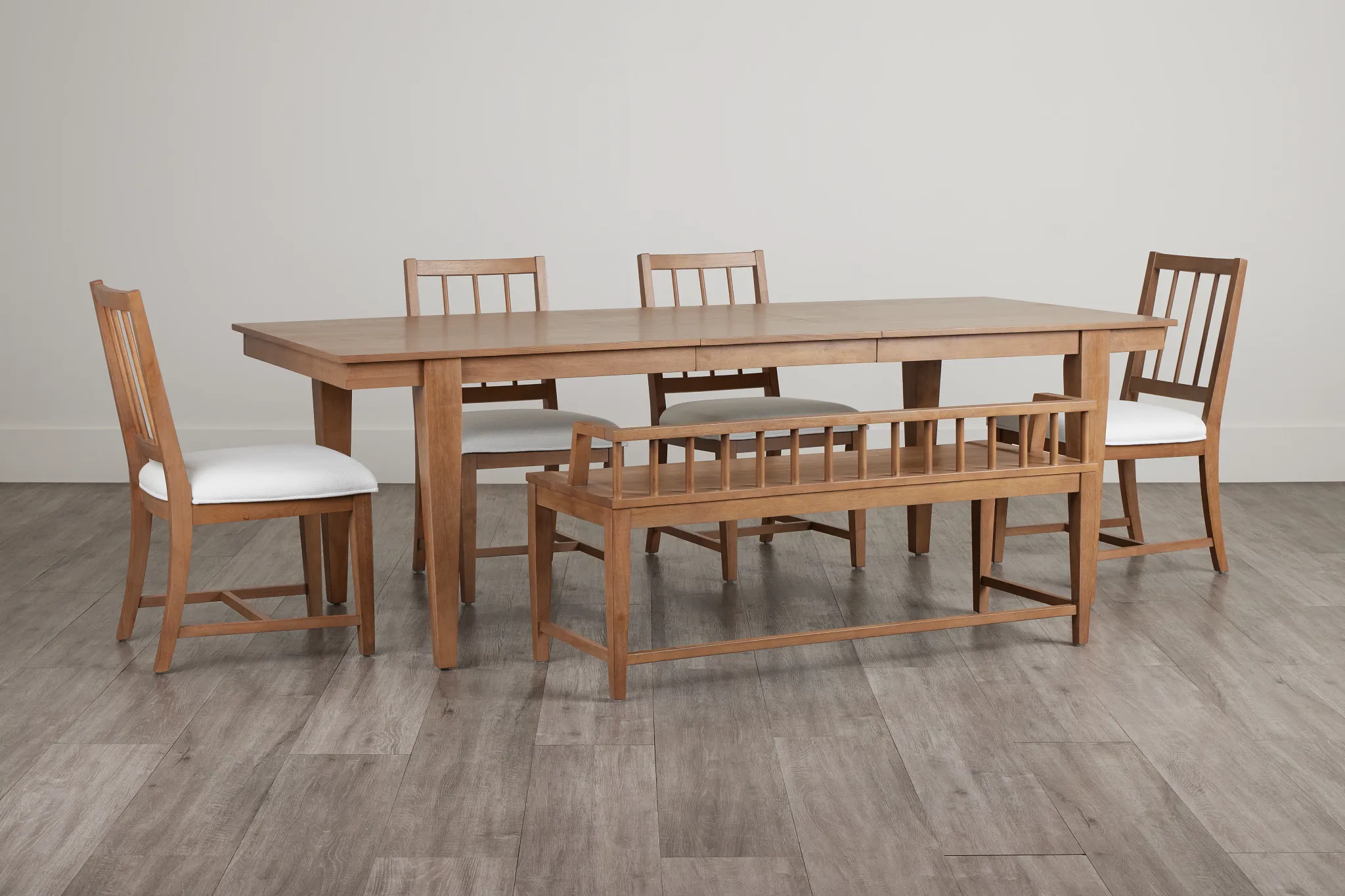 Provo Mid Tone Rect Table, 4 White Chairs & Bench
