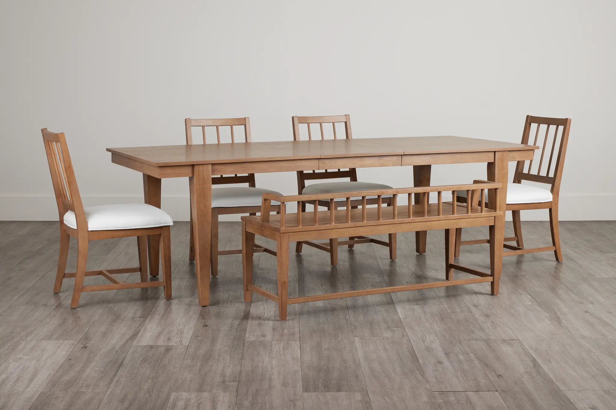 Provo Mid Tone Rect Table, 4 White Chairs & Bench Provo Mid Tone Rect Table, 4 White Chairs & Bench