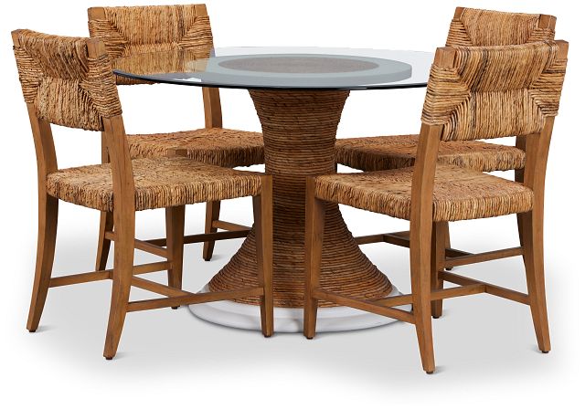 Boca Grande Glass Mid Tone Round Table & 4 Woven Chairs (1)