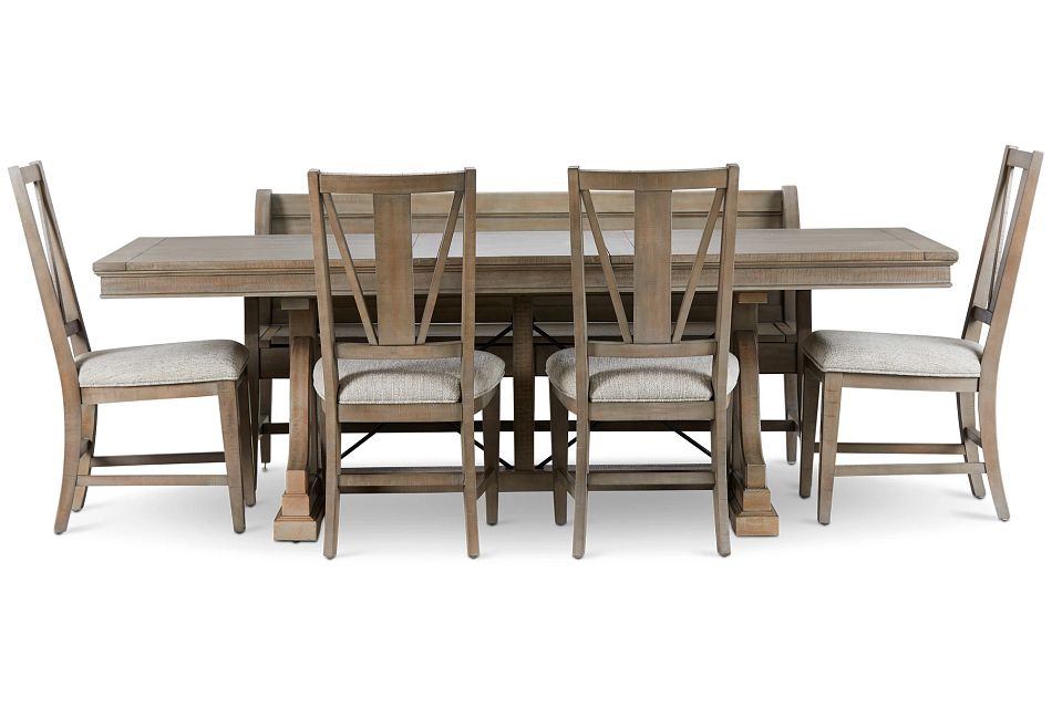 Heron Cove Light Tone Trestle Table, 4 Chairs & Bench