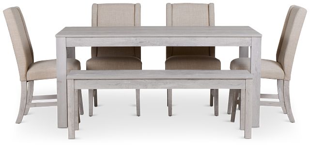 Delray White Rect Table, 4 Chairs & Bench