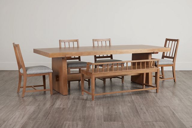 Provo Mid Tone Trestle Table, 4 Gray Chairs & Bench