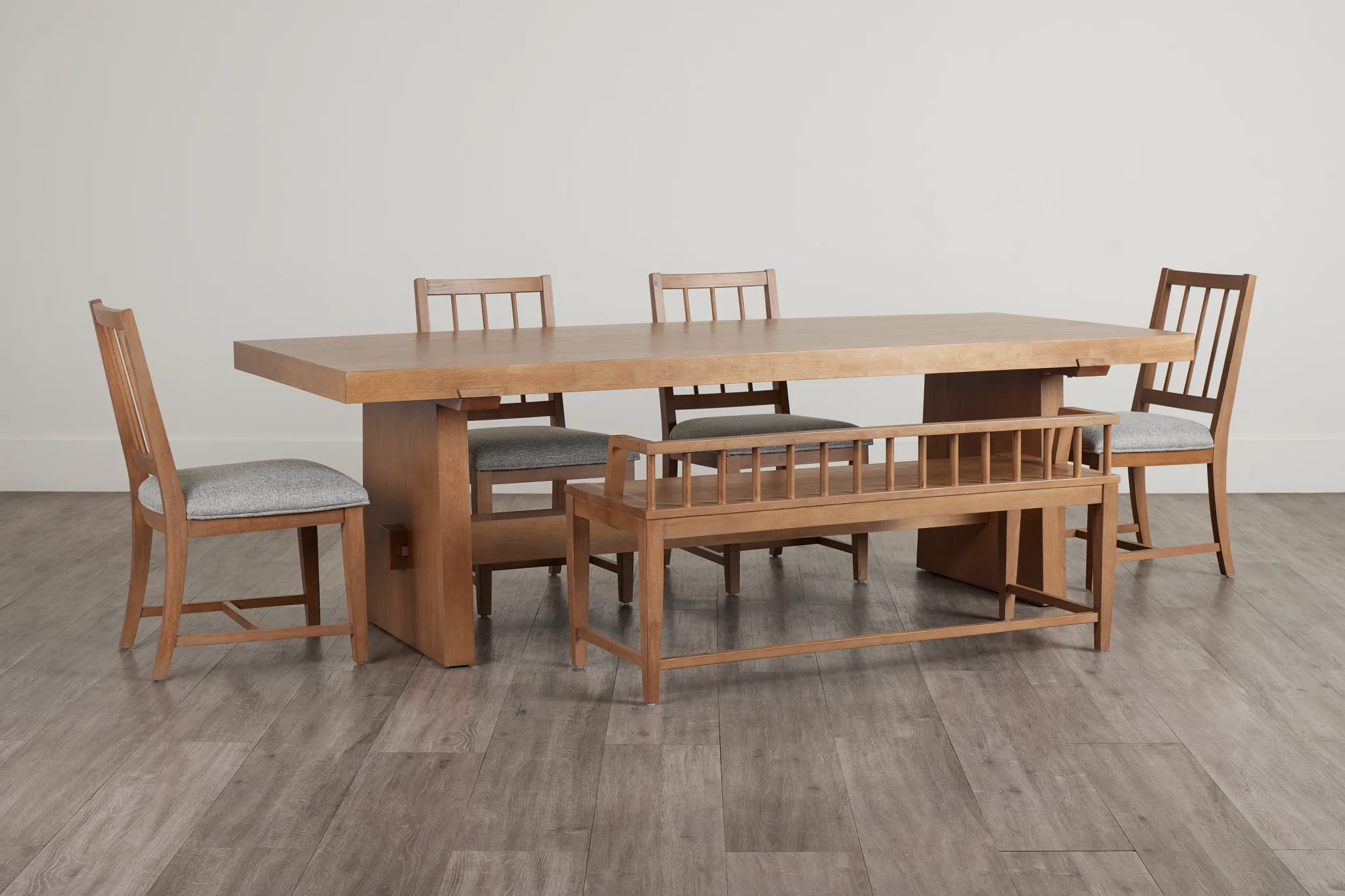 Provo Mid Tone Trestle Table, 4 Gray Chairs & Bench