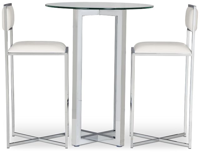 Amalfi White Glass Pub Table & 2 Metal Barstools