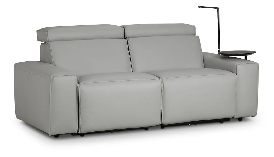 Carmelo Gray Leather Power Reclining Sofa With Right Table & Light Carmelo Gray Leather Power Reclining Sofa With Right Table & Light