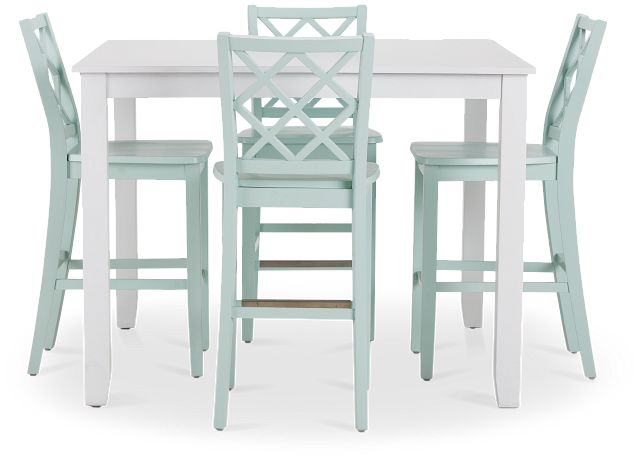 Edgartown White Square High Table & 4 Light Blue Wood Barstools