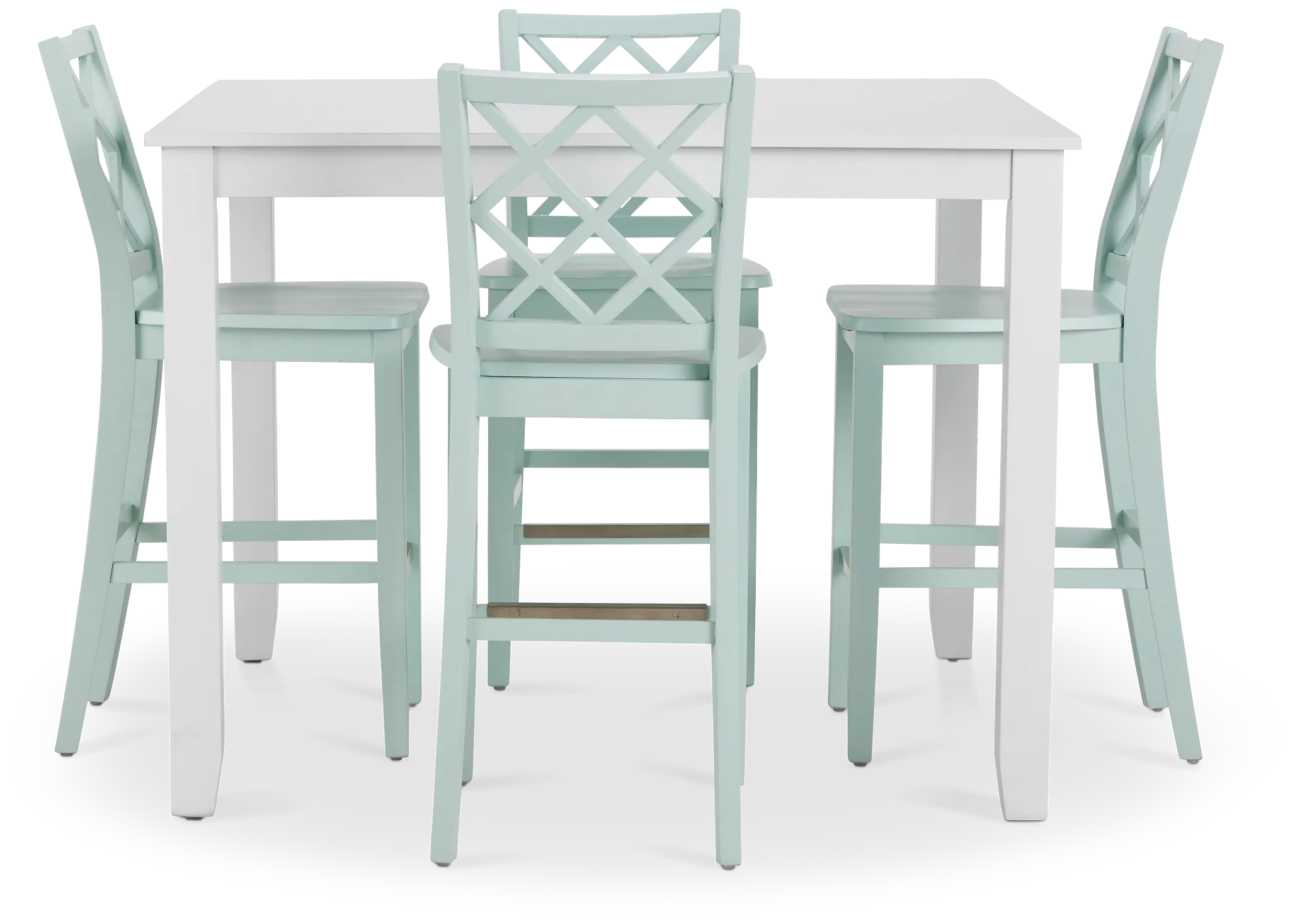 Edgartown White Square High Table & 4 Light Blue Wood Barstools