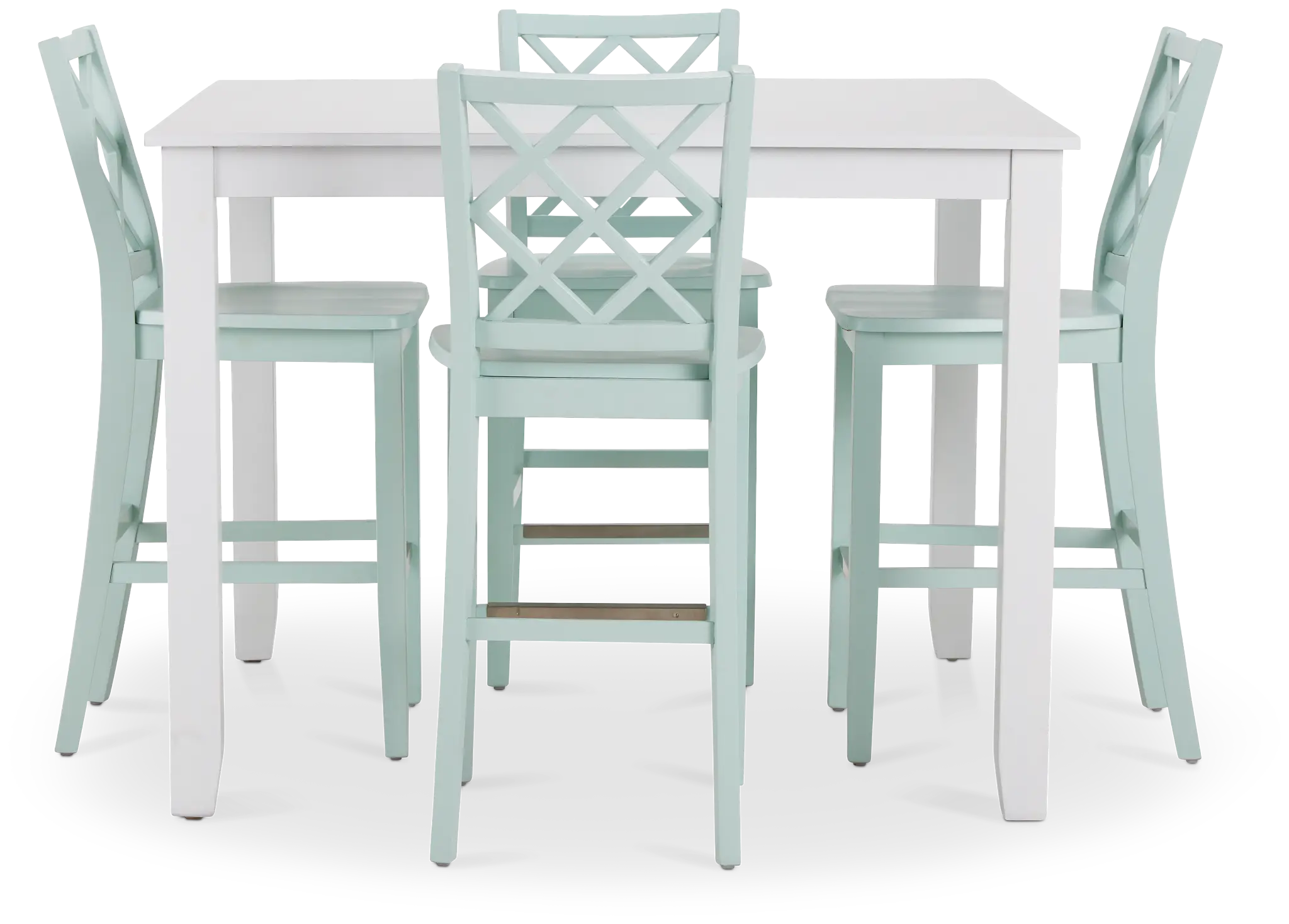 Edgartown White Square High Table & 4 Light Blue Wood Barstools Edgartown White Square High Table & 4 Light Blue Wood Barstools