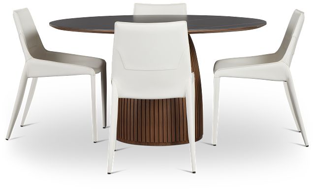 Wayne Two-tone Stone Round Table & 4 White Upholstered Chairs