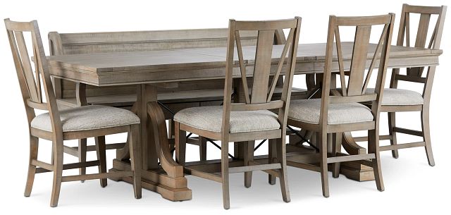 Heron Cove Light Tone Trestle Table, 4 Chairs & Bench