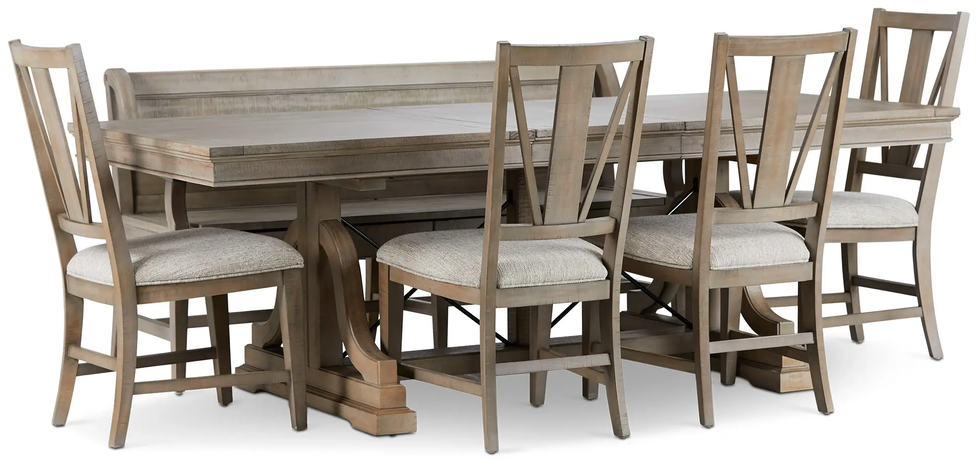 Heron Cove Light Tone Trestle Table, 4 Chairs & Bench Heron Cove Light Tone Trestle Table, 4 Chairs & Bench