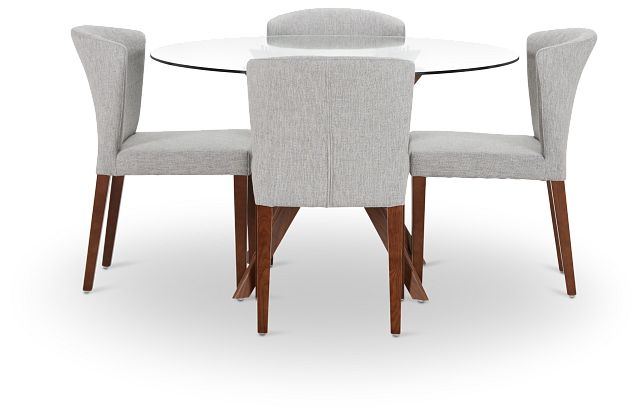 Fresno Glass Lt Gray Round Table & 4 Upholstered Chairs