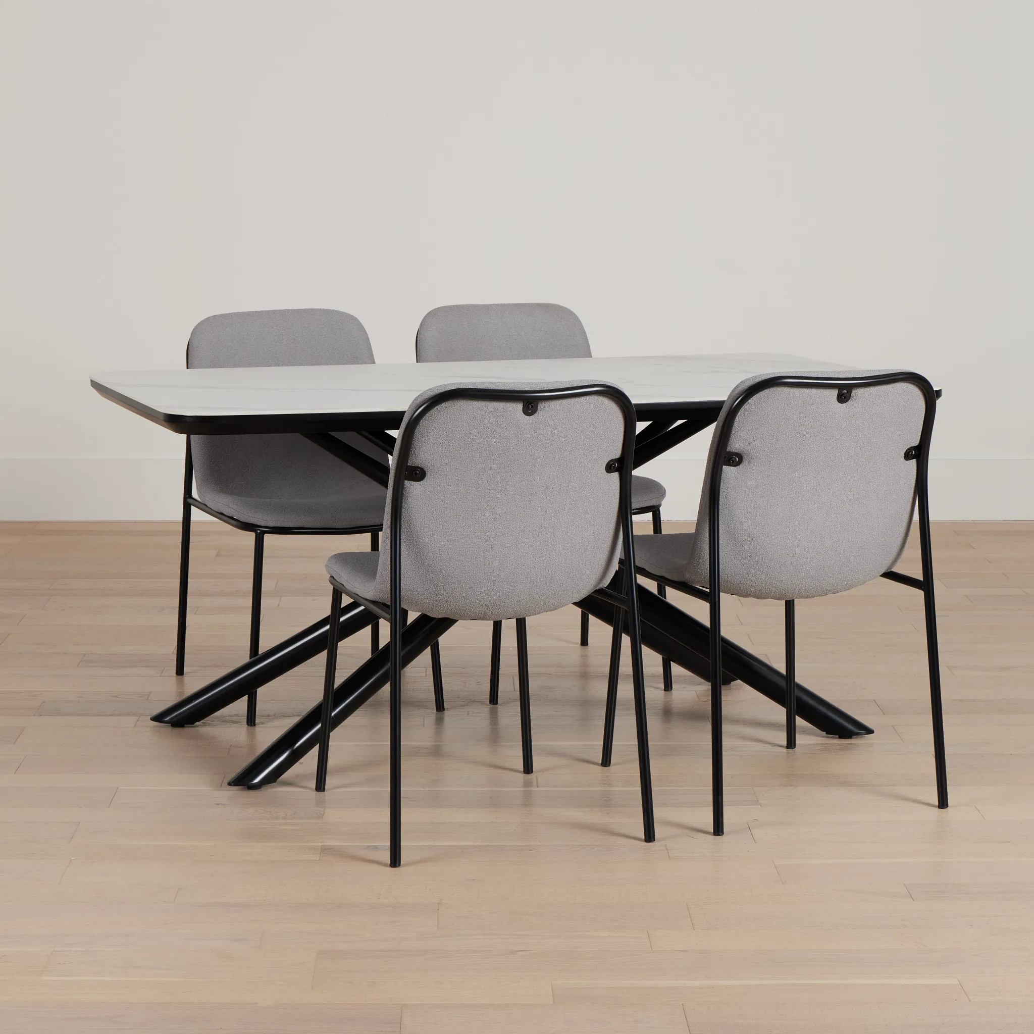 Palos White Rect Table & 4 Gray Upholstered Chairs