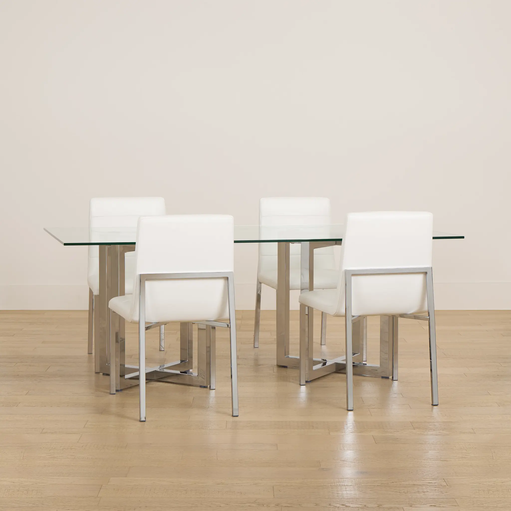 Amalfi White Glass Rectangular Table & 4 Upholstered Chairs Amalfi White Glass Rectangular Table & 4 Upholstered Chairs