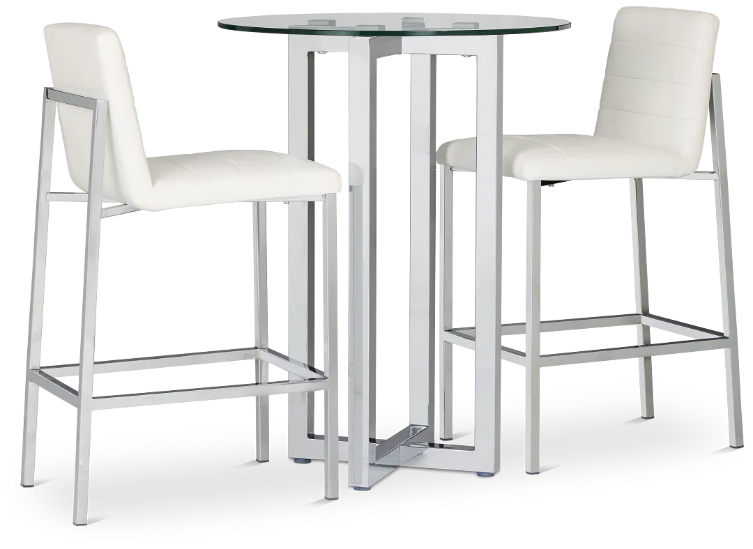 Amalfi White Glass Pub Table & 2 Upholstered Barstools