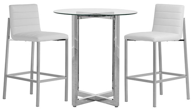 Amalfi White Glass Pub Table & 2 Upholstered Barstools