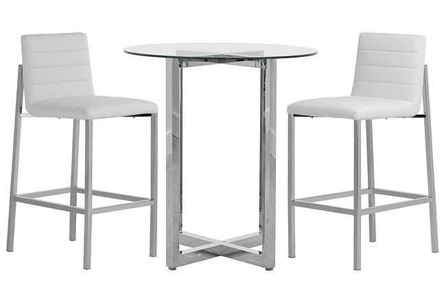 Amalfi White Glass Pub Table & 2 Upholstered Barstools
