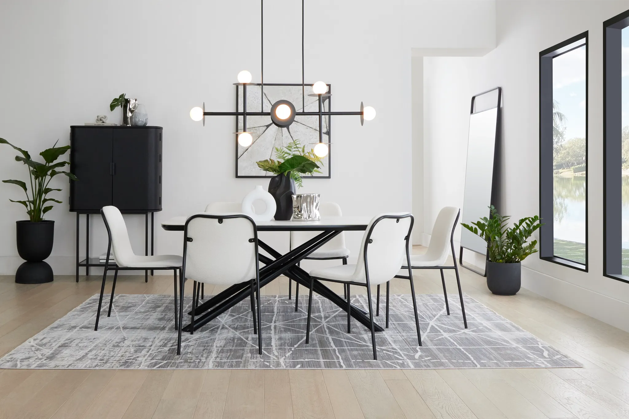 Palos White Rect Table & 4 White Upholstered Chairs