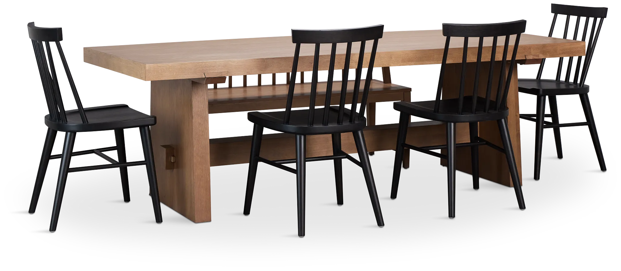 Provo Mid Tone Trestle Table With 4 Wood Side Chairs & Bench