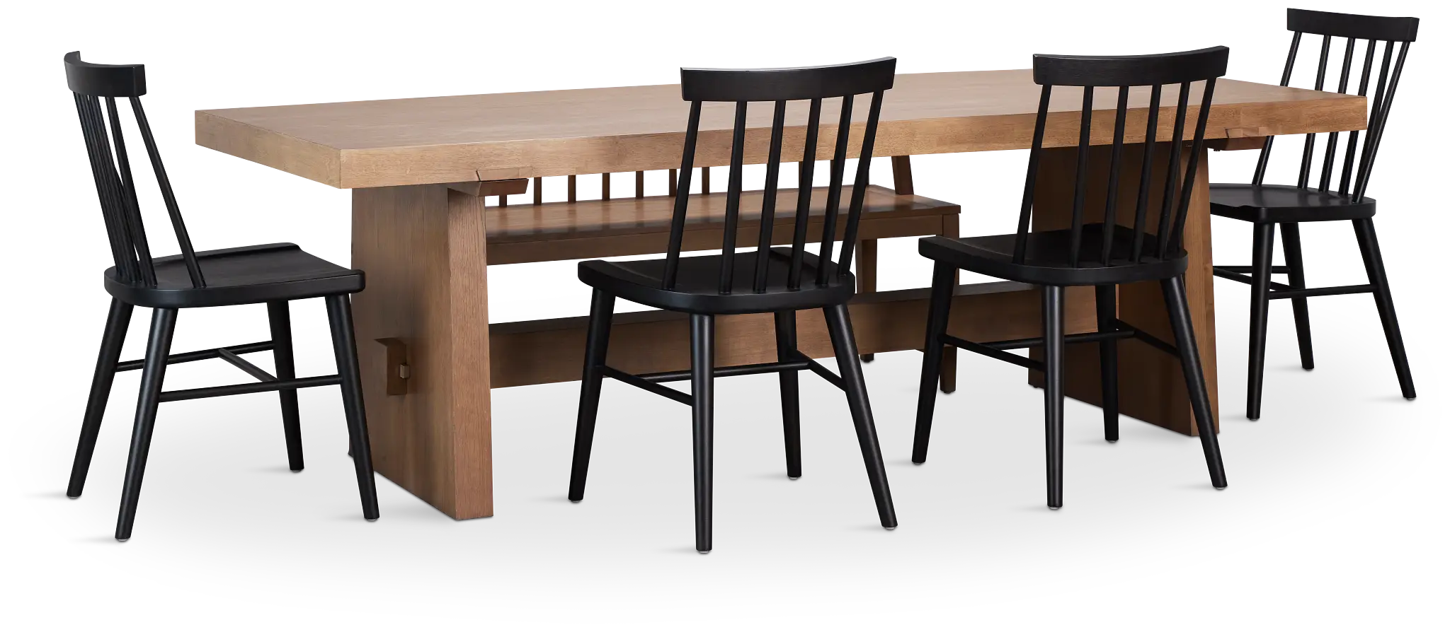 Provo Mid Tone Trestle Table With 4 Wood Side Chairs & Bench Provo Mid Tone Trestle Table With 4 Wood Side Chairs & Bench