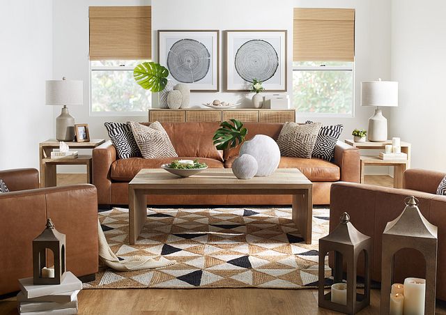 coffee table with brown leather sofa