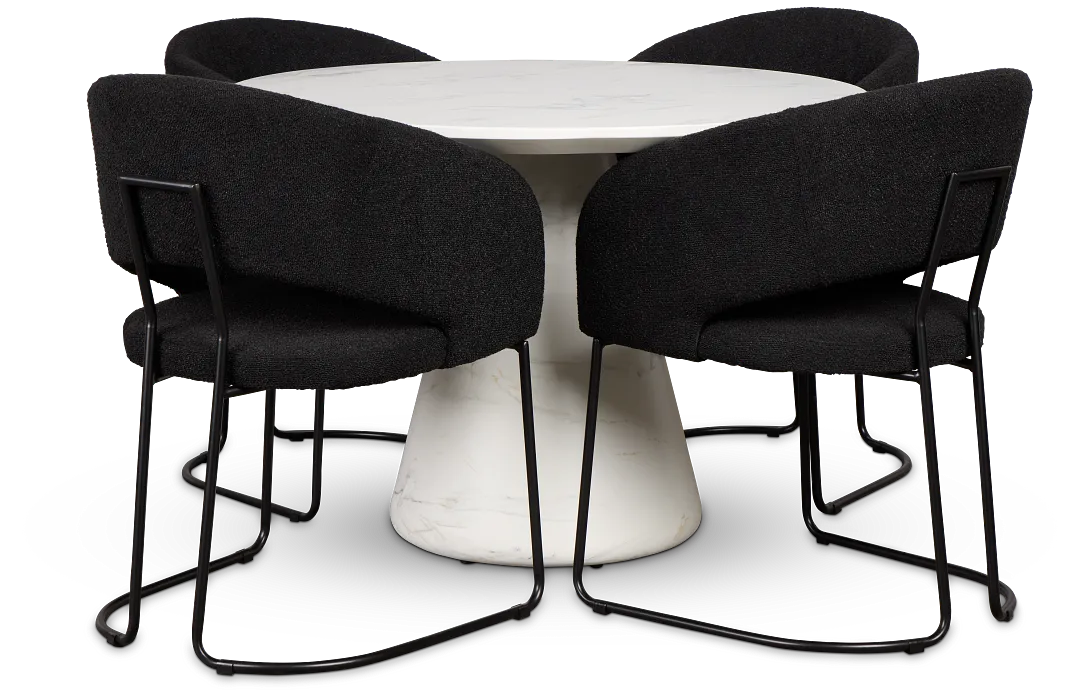 Merrick White Round Table With 4 Black Upholstered Side Chairs