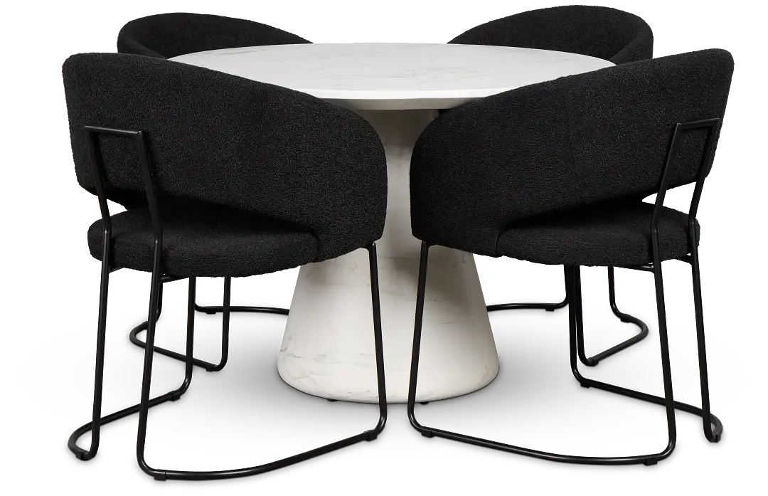 Merrick White Round Table With 4 Black Upholstered Side Chairs Merrick White Round Table With 4 Black Upholstered Side Chairs