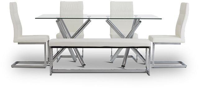 Quincy Glass White Table, 4 Chairs & Bench (3)