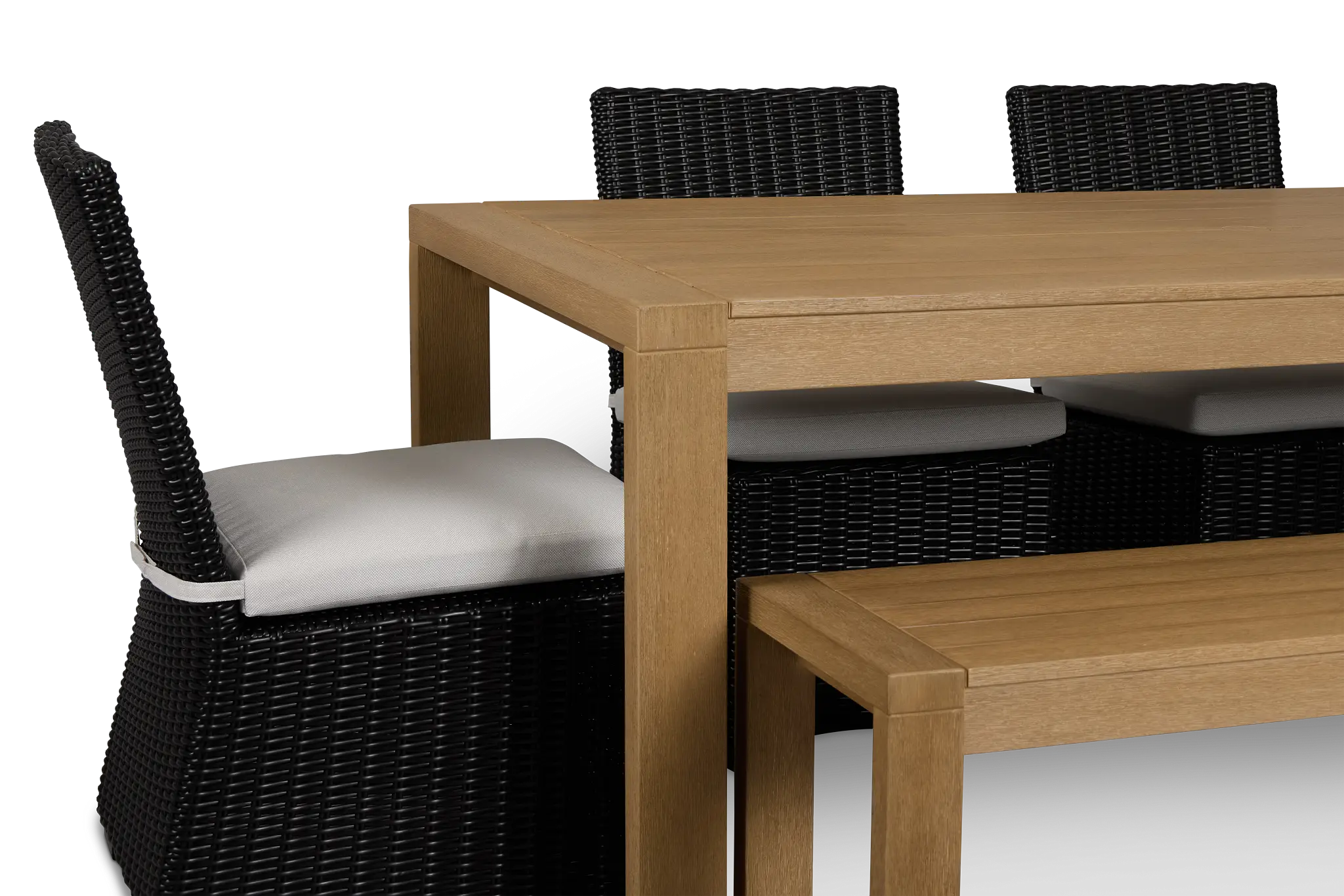 Montecito Mid Tone Table, 4 Chairs & Bench With Light Beige Cushions Montecito Mid Tone Table, 4 Chairs & Bench With Light Beige Cushions