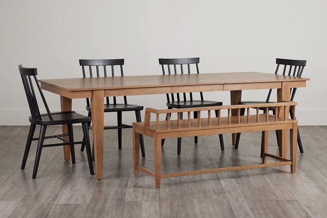 Provo Mid Tone Rect Table With 4 Wood Side Chairs & Bench
