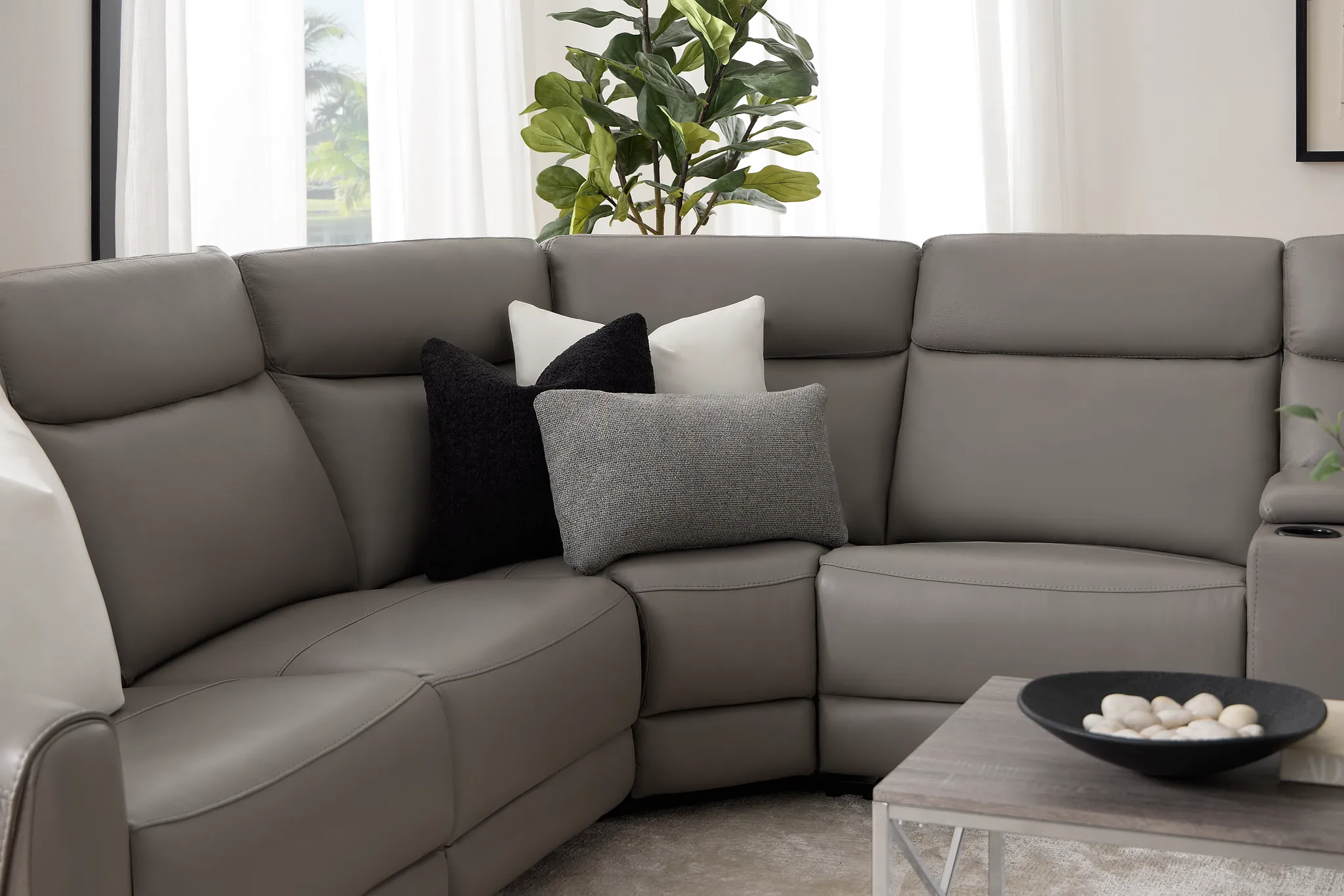 Walker Light Gray Lthr/vinyl Medium Triple Power 2-arm Sectional