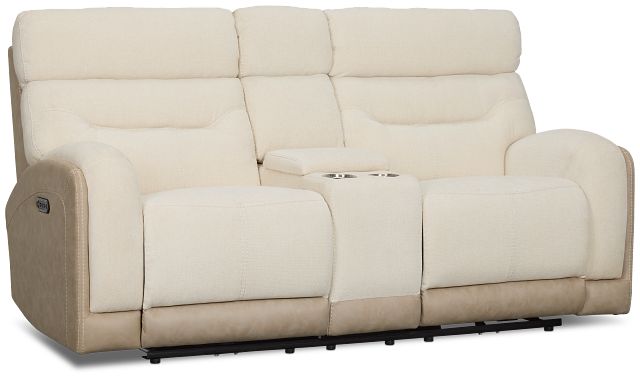 Travis Light Beige Fabric Power Reclining Console Loveseat