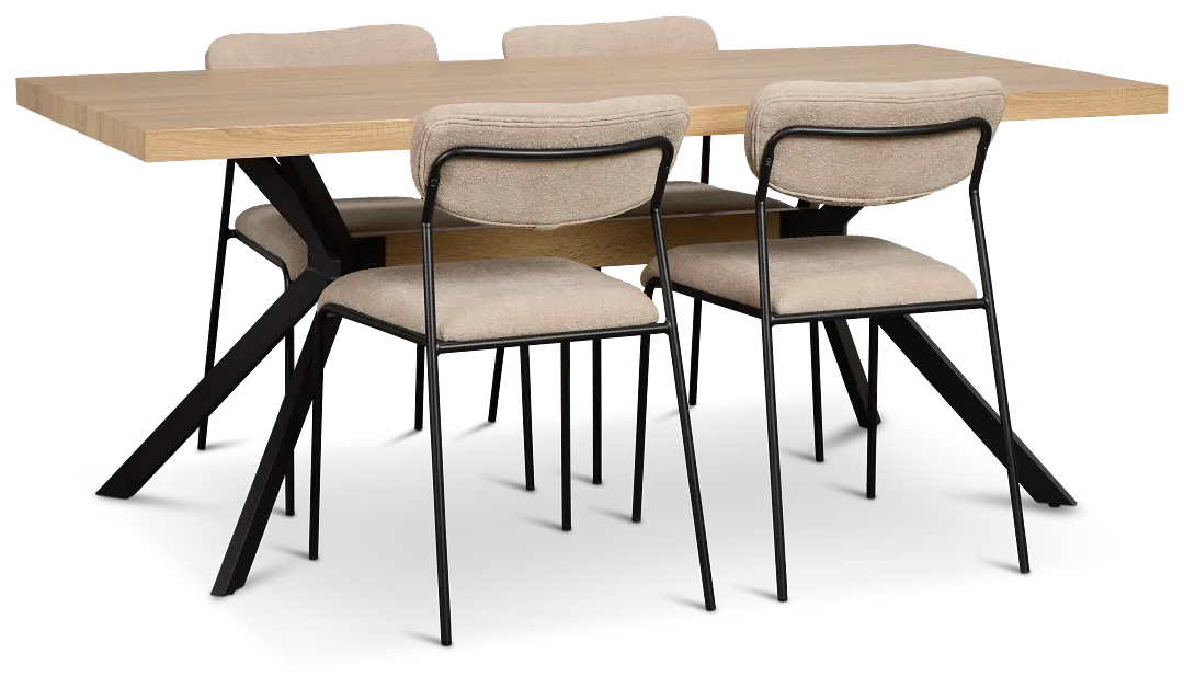Lynden Light Tone Rect Table & 4 Beige Metal Upholstered Side Chairs