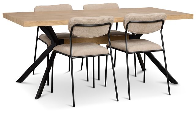 Lynden Light Tone Rect Table & 4 Beige Metal Upholstered Side Chairs