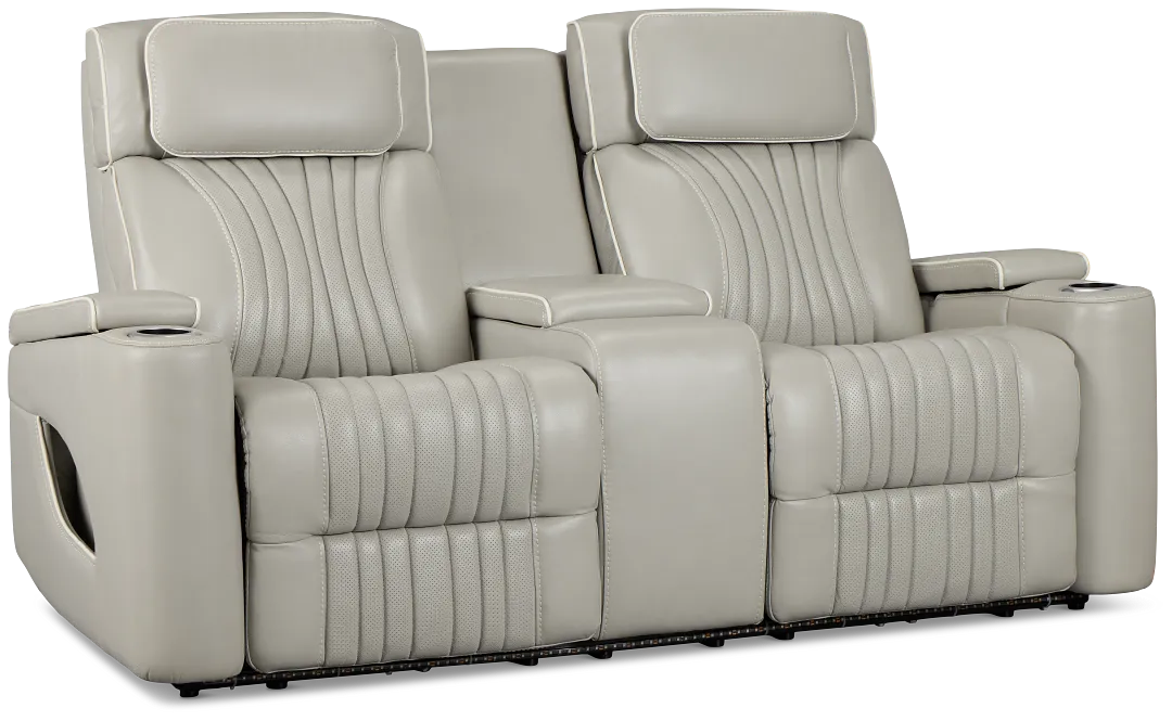 Nova Light Gray Lthr/vinyl Power Reclining Console Loveseat W/ Massage