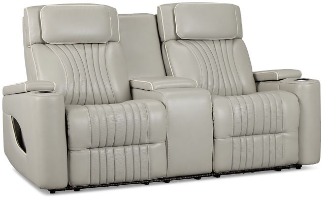 Nova Light Gray Lthr/vinyl Power Reclining Console Loveseat W/ Massage