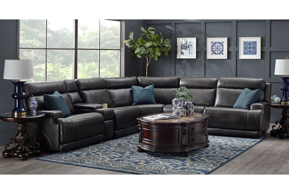 Valor Dark Gray Leather Medium Triple Power 2 Arm Sectional Living Room Reclining Sectionals City Furniture