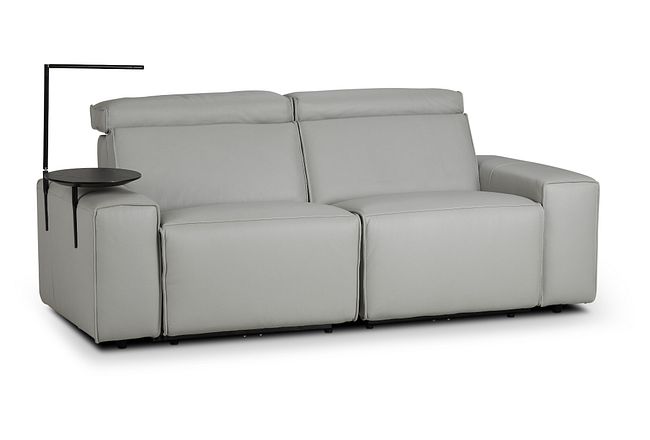 Carmelo Gray Leather Power Reclining Sofa With Left Table